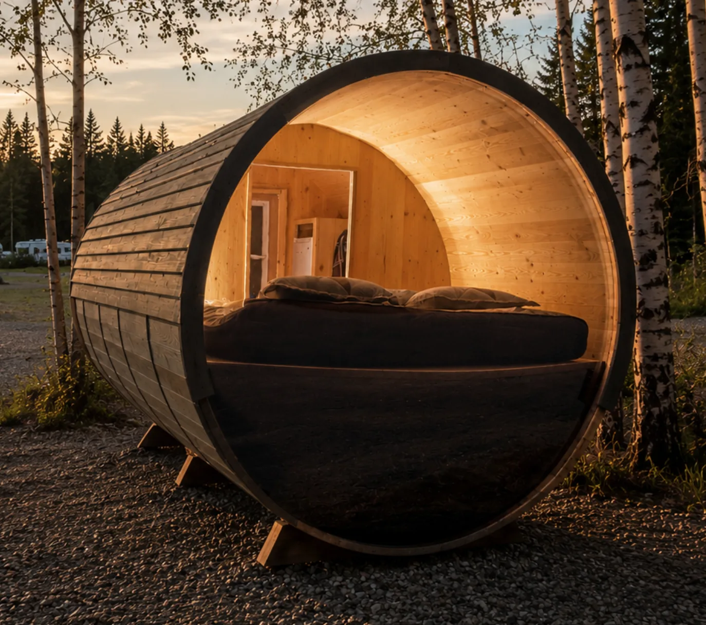 A barrel bunkie glowing at golden hour among the birches