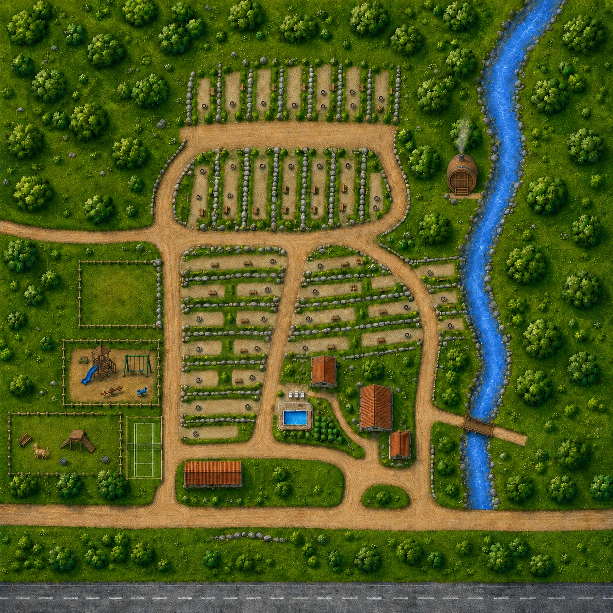 Illustrated overhead map of Fox and Maple RV Resort