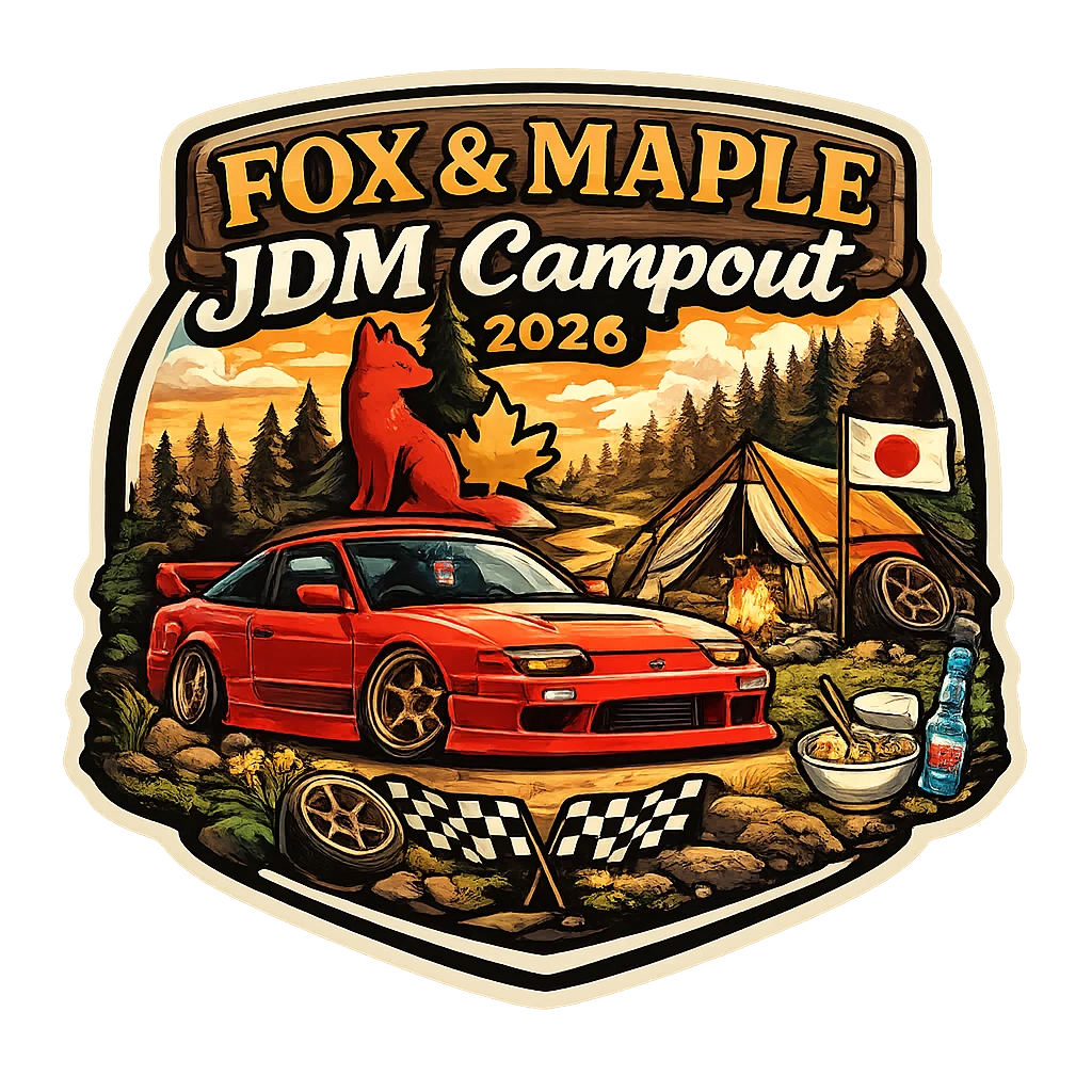 Fox & Maple JDM Campout 2026 illustrated badge with a red Japanese sports car at a forest campsite