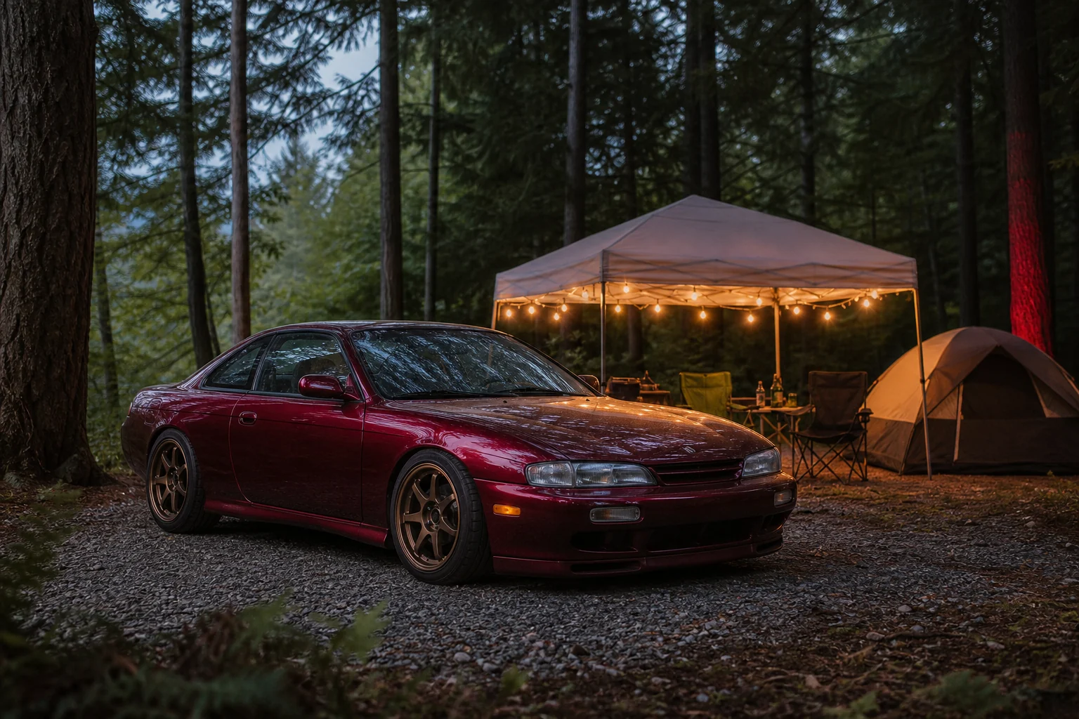 A deep red Japanese sports coupe beside a warmly lit canopy and tent at a forest campsite