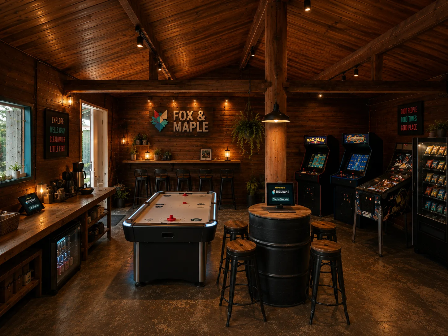 The Fox & Maple lounge with arcade machines, air hockey, vending and a self check-in tablet
