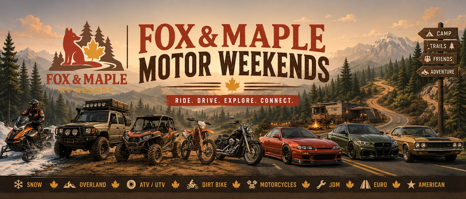 Fox & Maple Motor Weekends illustrated banner featuring snowmobiles, overland and off-road vehicles, motorcycles, JDM, European and American cars in the mountains